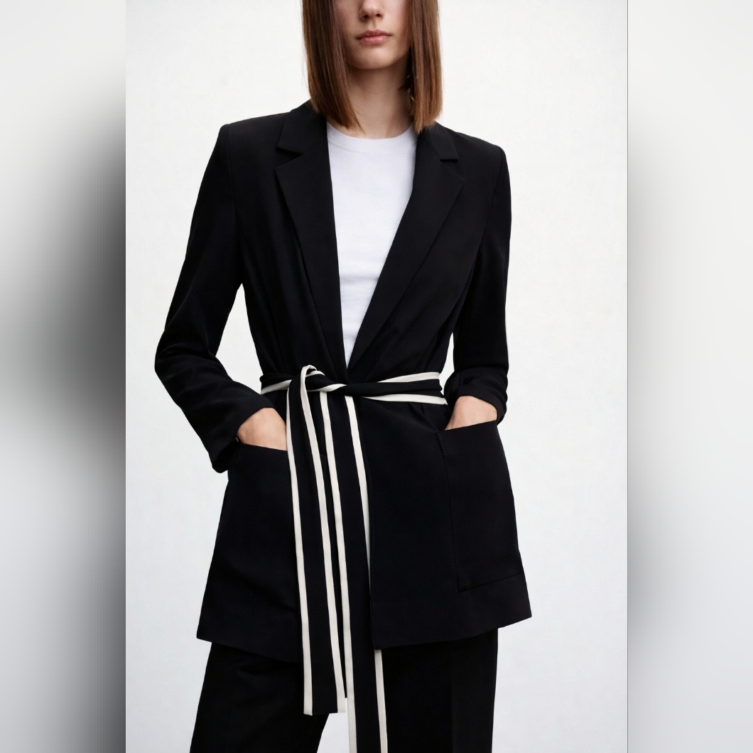 Jason Wu Women Large Black White Tie Front Pocket Crepe Peak Lapel Blazer Jacket